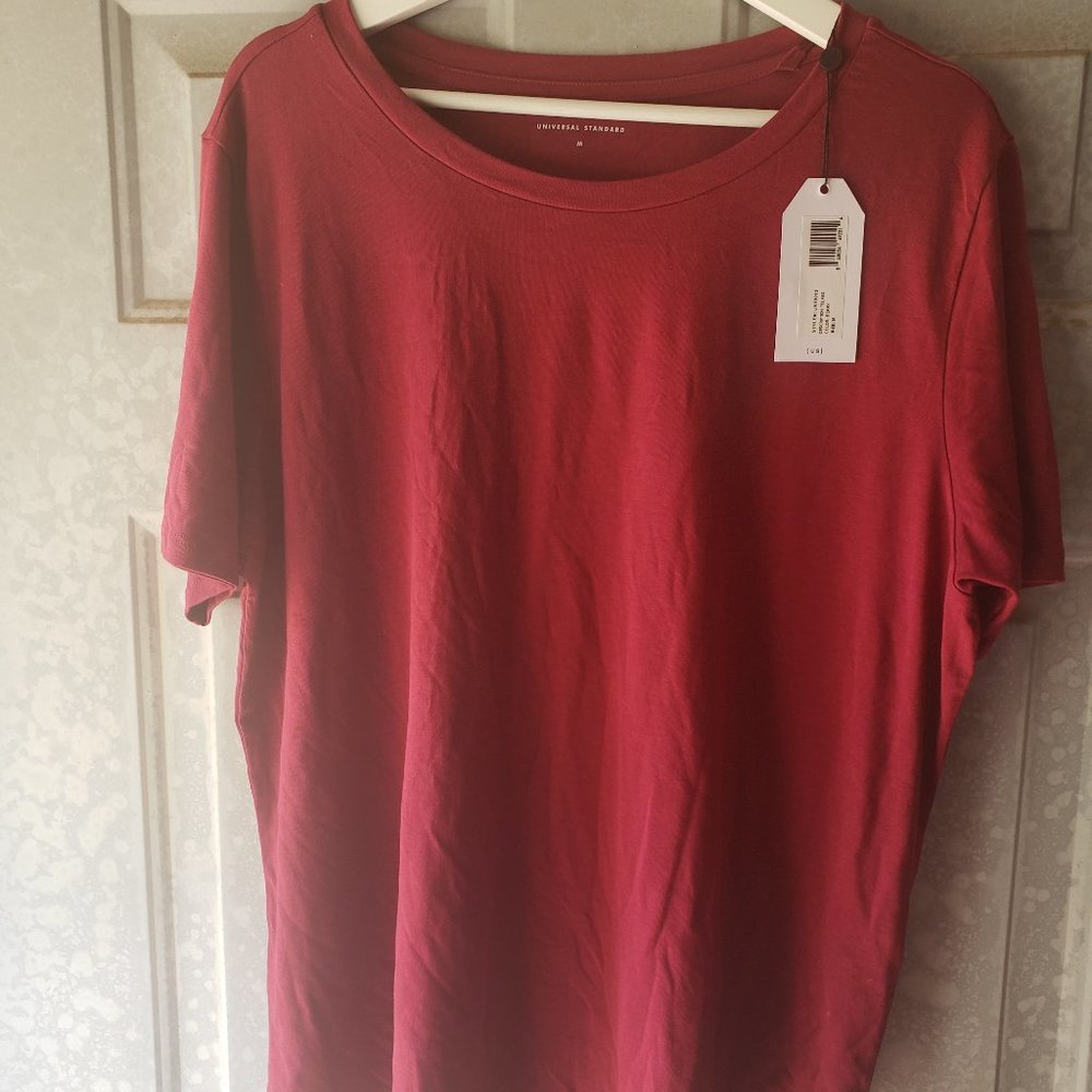 Universal standard tee rex in berry and beige Henley shirt